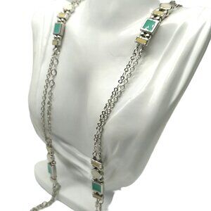 Turquoise, Cream, White Station Necklace on Long Silver-tone Chain NWOT